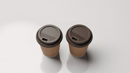 Two Brown Paper Coffee Cups with Lids on White Surface take away disposable