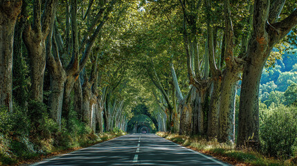 A scenic road lined with tall trees creating a natural tunnel