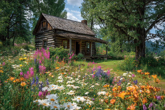 Charming log cabin surrounded by colorful blooming flowers