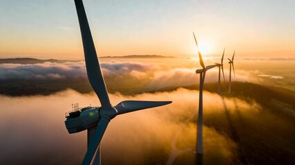 Aerial drone view of wind turbines in foggy landscape at sunset, renewable energy technology and sustainability. - Powered by Adobe