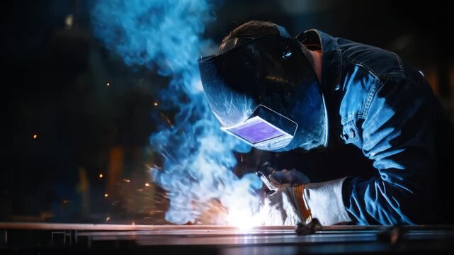 A welder in a dark workshop, wearing a helmet, welding with bright blue light and sparks