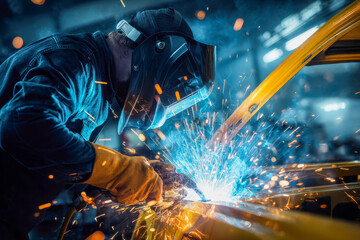 Skilled welder wearing protective gear working intensely on metal framework while sparks and bright blue welding light illuminate the industrial workshop environment