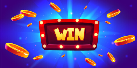 Naklejka premium Casino win banner with glowing signboard and golden coin shower. Big prize gaming poster with neon light bulb frame, winner typography and flying money. Vegas gambling template with bonus elements.