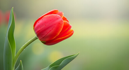 Close up of a red tulip flower with green leaves against a soft blurred green and yellow background