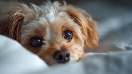 Adorable small dog with soft golden fur resting comfortably and gazing peacefully while lying on a cozy bed with white sheets and gentle lighting