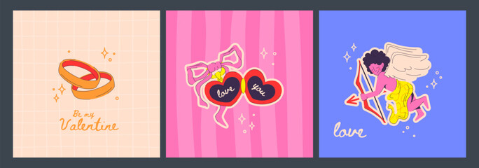 Obraz premium Vintage heart locket with delicate bow, wedding rings and cute cupid with wings and arrow on colorful poster background. Romantic retro valentine design with whimsical love elements in pink and blue.