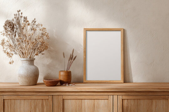 Wooden cabinet with empty frame and dried plants decoration