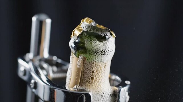 Champagne bottle cork popping with spray and foam close up.