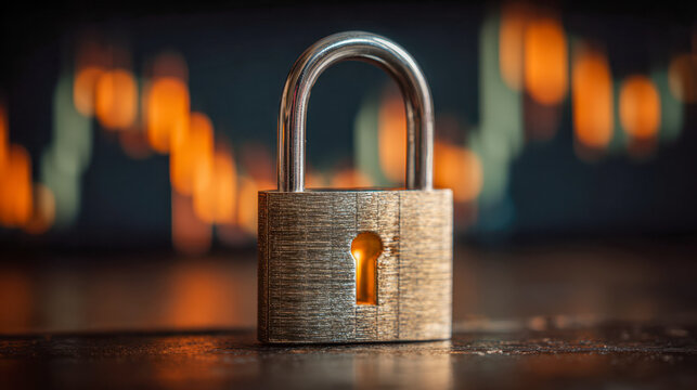 A sturdy metallic padlock symbolizing security and protection with blurred orange and white digital data patterns glowing in the dark background