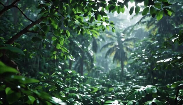 Perfectly static image of a tropical rainforest. Absolutely no movement in trees, leaves, plants, branches, light, shadows, or background. Only the rain is animated. Gentle falling raindrops only. 