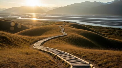 Scenic panoramic view of a winding wooden pathway through rolling golden hills at sunrise. Concept of journey and adventure with a path leading towards a mountain range and river