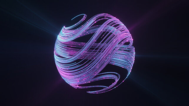 Abstract swirling sphere made of tiny particles with pink and blue light