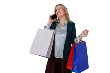 Happy woman shopping and talking on mobile phone, carrying paper bags, enjoying consumerism on transparent background