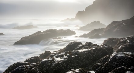 Foggy shore rocks and long exposure water create misty effect