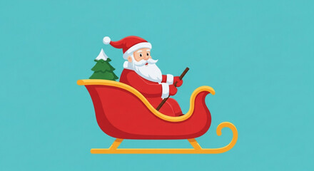 Santa claus drives a red sleigh with a christmas tree in the back, delivering gifts and spreading holiday cheer on a bright day