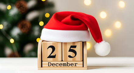 Wooden Desk Calendar Showing December 25th With Santa Hat and Blurred Christmas Lights christmas day