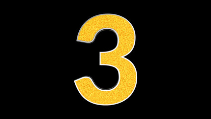 Golden glittering number Three on black background