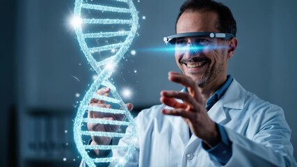 Scientist using augmented reality to analyze holographic dna strand in futuristic genetic research laboratory. - Powered by Adobe