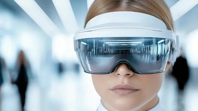 Futuristic woman portrait wearing augmented reality headset sleek modern corridor technology