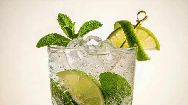 Refreshing mojito cocktail with fresh lime slices, mint leaves, and sparkling bubbles. Cool summer drink perfect for parties, bars, and tropical holiday promotions