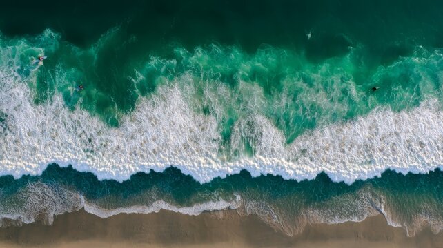 Surfers ride vibrant green waves near sandy shore from elevated perspective. Energetic ocean scene captures movement and excitement. Crisp line between surf and sand. Neural network AI generated
