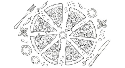 Hand drawn illustration of pepperoni pizza slices