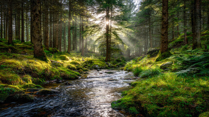 Obraz premium Serene forest scene with gentle sunlight streaming through tall pine trees onto a moss-covered riverbank and flowing clear water in a peaceful woodland setting
