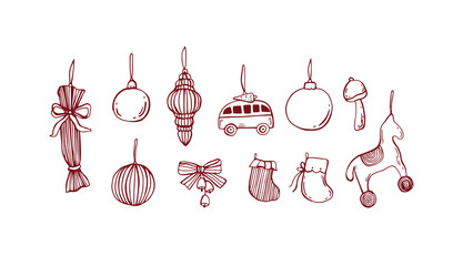 Whimsical christmas doodle set, vector illustrations, vintage retro style