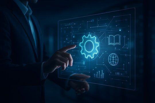 A businessman in a suit interacts with a futuristic, holographic screen displaying data, icons, and a central gear mechanism, symbolizing technological innovation, business process management.