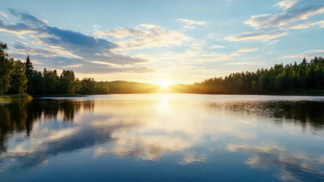 Sunset lake reflection forest horizon serene golden light calm water mirror sky sunrise