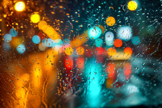 Vibrant city lights blurred through raindrops on a window during nighttime creating colorful abstract bokeh effects with glowing orange and teal hues
