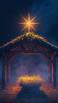 Vertical video: Pulsing star bathing wooden manger in night stable, sending embers and mist