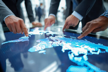 Team of professionals using a futuristic interactive digital map display for strategic planning and global business collaboration in modern office setting