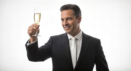 A smiling man in a suit holds up a glass of champagne in celebration.