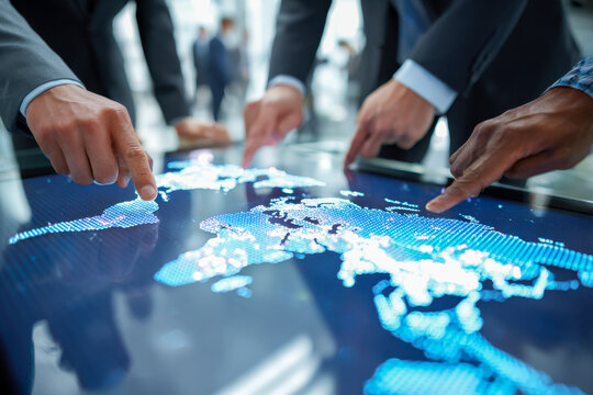 Team of professionals using a futuristic interactive digital map display for strategic planning and global business collaboration in modern office setting - Powered by Adobe