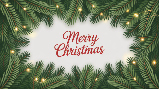 Christmas fir branches with fairy lights and merry christmas text