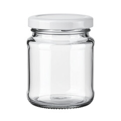 Empty Glass Jar with White Lid: a clear, empty glass jar with a white lid. This minimalist design emphasizes purity and utility, perfect for conceptual projects related to storage, preservation.