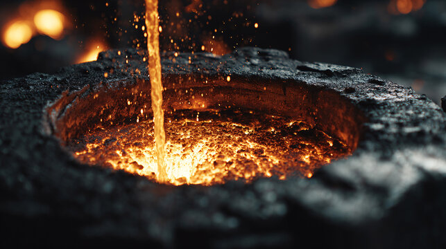 Steel smelting in black furnace with bright sparks and flames industrial metalworking