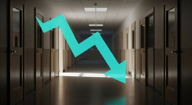 Green arrow showing a downward trend in a dark hallway. Concept of business decline or falling performance in an organization or education. - Powered by Adobe