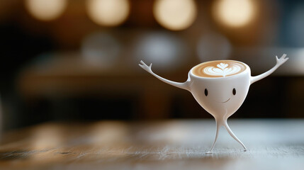 Meme Italian brainrot character with rotten Ballerina dancing on a table near a cup of cappuccino - Funny cute character with a cup of coffee,