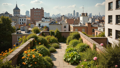 Fototapeta premium Rooftop garden with sprawling greenery under bright sunlight, plants bloom with an urban skyline in distance. Rooftop garden offers tranquil escape,