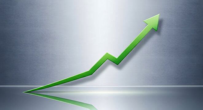 Green arrow pointing upward on financial graph. Business growth chart with rising trend line. Digital stock market data visualization for investment analysis.