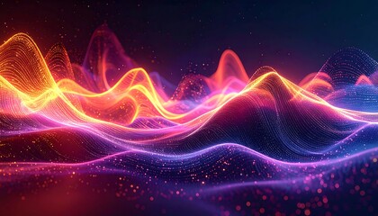 Abstract waves luminous orange, pink, & blue strands flow creating mountain ridges against a dark bokeh background