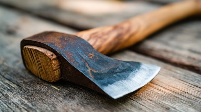 Rusty axe resting on a wooden surface with warm sunlight illuminating its details