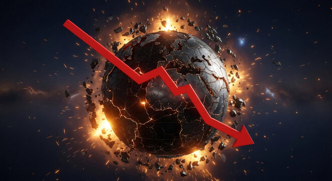 Red arrow pointing down with cracked earth exploding in space. Global crisis concept for economic downturn and financial collapse. - Powered by Adobe