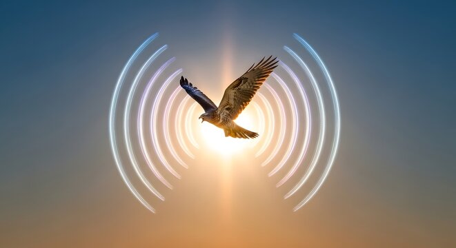 A bird soaring in front of the sun with sound waves radiating outward against a clear sky during sunset or sunrise
