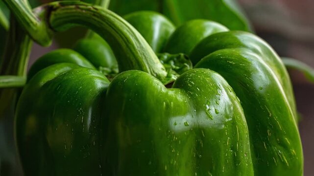 Green bell pepper macro orbit, rough-skinned and growing on the plant. Healthy vegetable, organic farming, and raw food preparation.