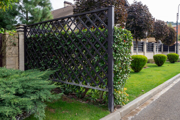 Decorative wooden lattice fence divides green lawn with neatly trimmed bushes, architectural garden element. Landscape architecture, fencing systems, garden design, property planning. Real photo
