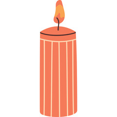 A tall cylindrical candle with vertical ridges and a vibrant orange hue burns brightly with a warm yellow and orange flame against a clean white background depicting a simple illustration of a lit