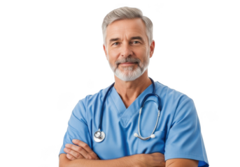 Smiling male nurse with stethoscope isolated on transparent background